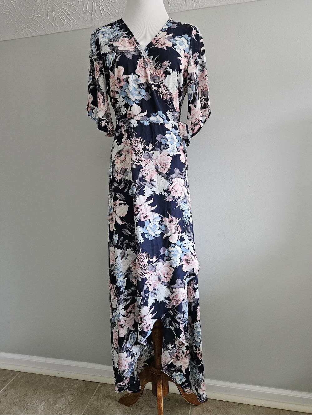 Peach Love California | Navy Floral High-Low Wrap Dress Or Robe